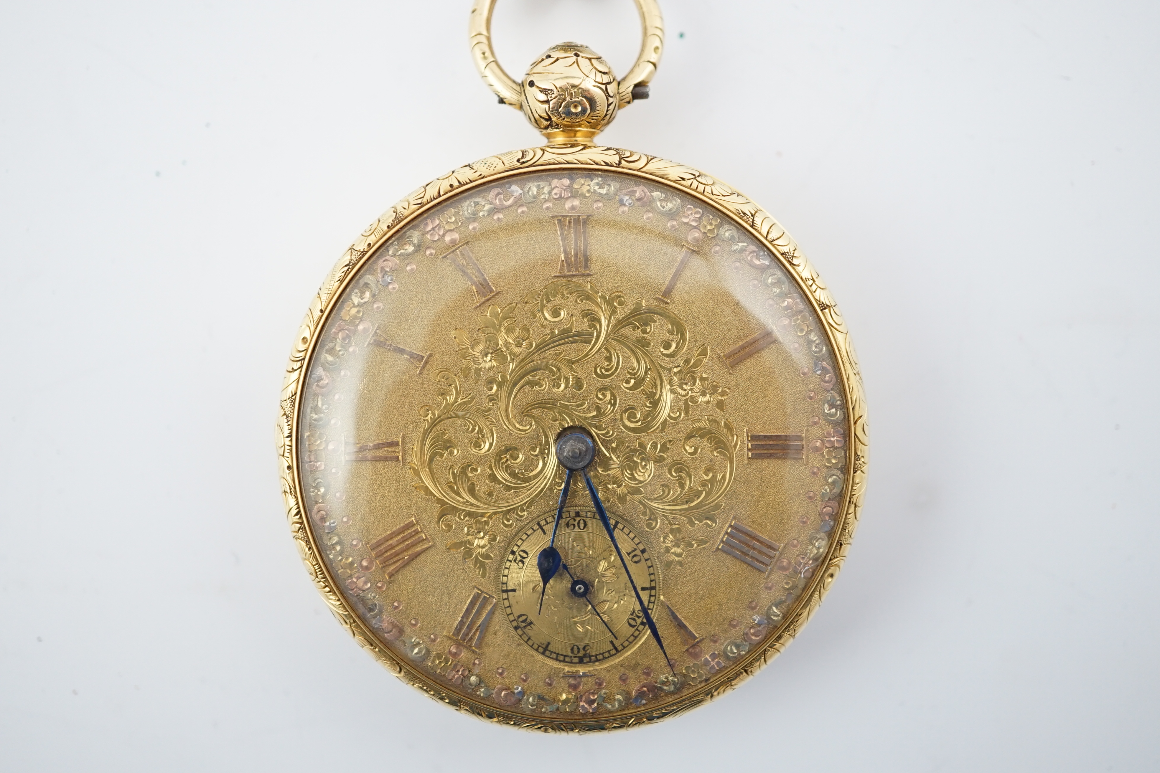 An early Victorian engine turned 18ct gold open face key wind pocket watch, by William Gilbert, Belfast